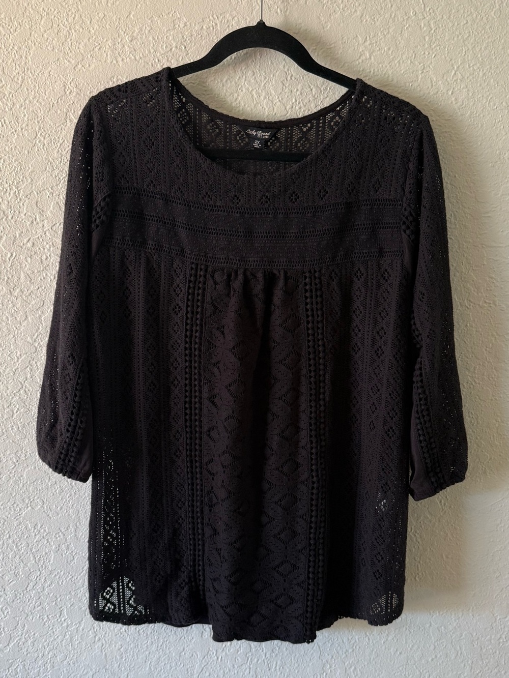 Lucky Brand 2X Open Knit Black Crochet 3/4 Sleeve Pullover Peasant Top Goth